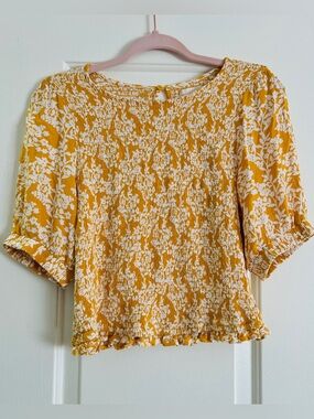 Melloday Mustard Yellow & White Floral Blouse Size Medium Boho Cottagecore Top